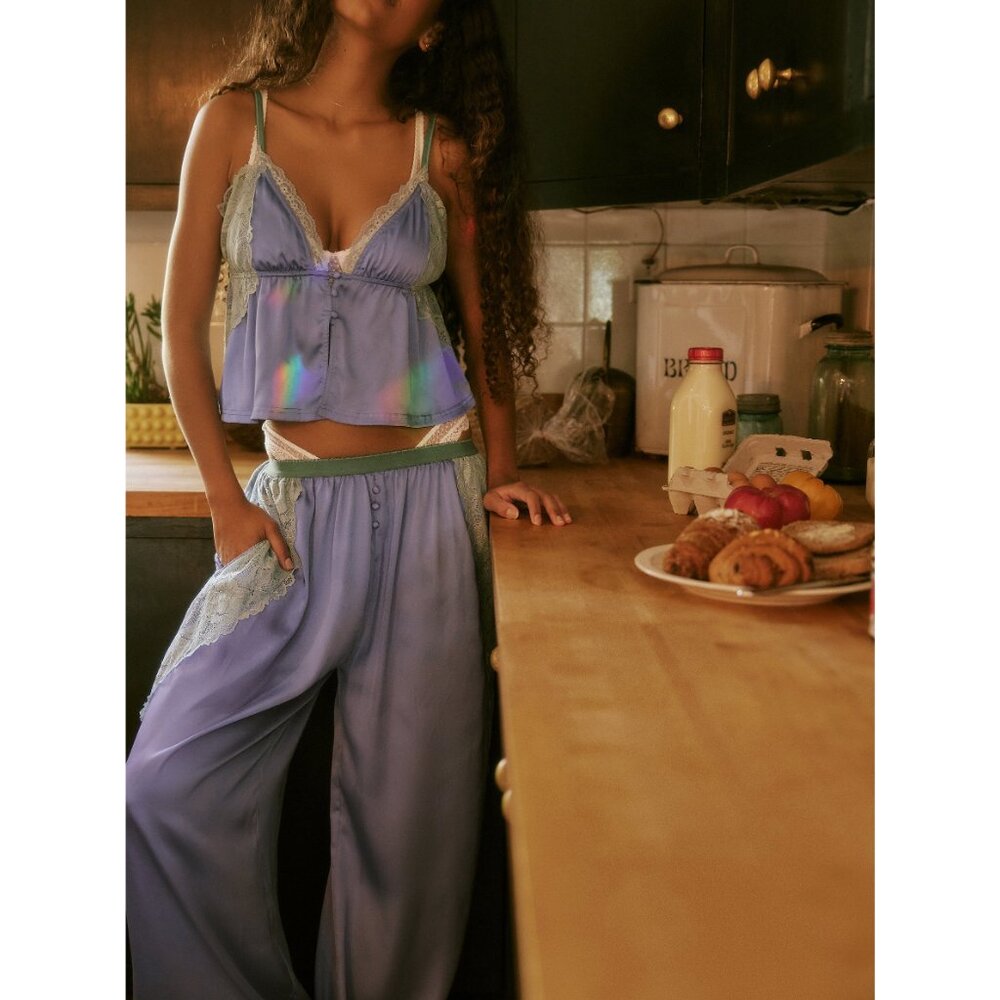 NWOT Free People Lavender Satin Lace-Trim Pajama Set with Mint Accents - Picture 7 of 10